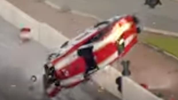 Pro Mod driver Kris Thorne emerged uninjured from this spectacular crash on Saturday during the NHRA Nevada Nationals at The Strip at Las Vegas Motor Speedway. Image courtesy NHRA.